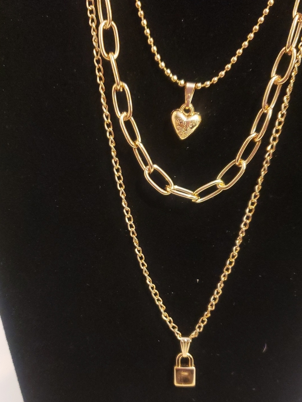 Plunder Gold-tone Layered Heart & Lock Pendant Necklace NWT